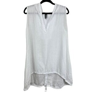 Inizio White Sleeveless Hooded Tie Hem Lagenlook Button-Back Linen Tunic